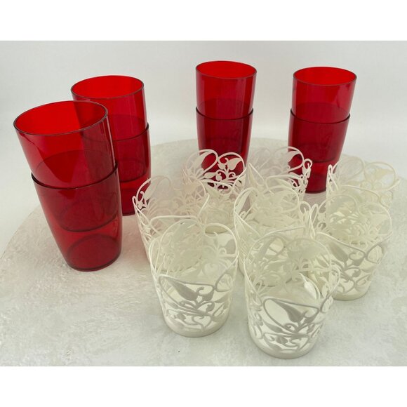 Vintage 70s tumblers, KH Hong Kong red plastic tumblers, filigree sleeves - Picture 9 of 10